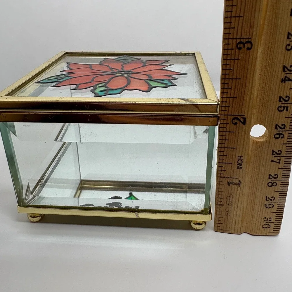 Vtg Glass Jewelry Box Poinsettia Stained Glass Hinged Keepsake Trinket Organizer